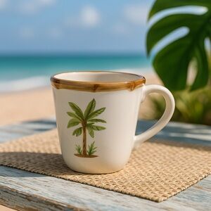 Tropical Palm Tree Ceramic Mug with Bamboo Rim